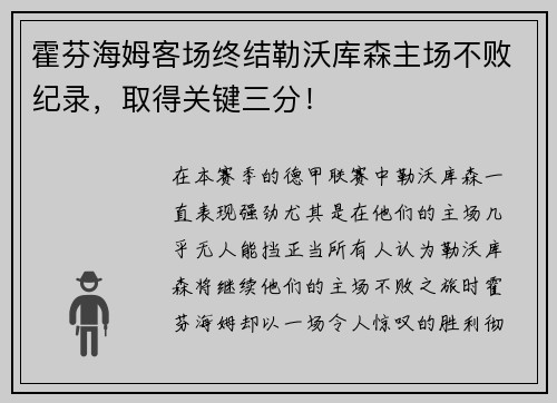 霍芬海姆客场终结勒沃库森主场不败纪录，取得关键三分！