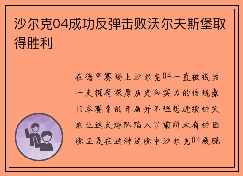 沙尔克04成功反弹击败沃尔夫斯堡取得胜利